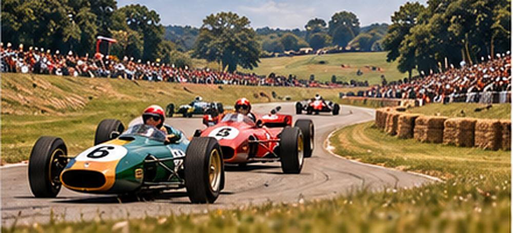 Classic racing cars sweeping past hay bales and a country crowd