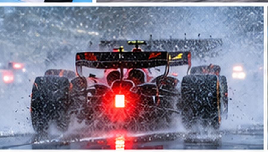 A Formula 1 car throwing up spray in heavy rain, its red rain light glowing