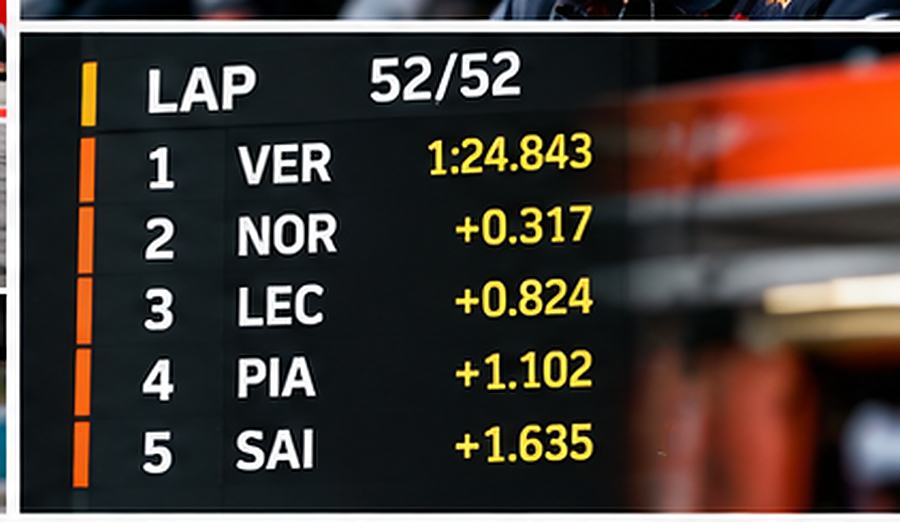 A trackside timing screen showing the leading drivers and their gaps