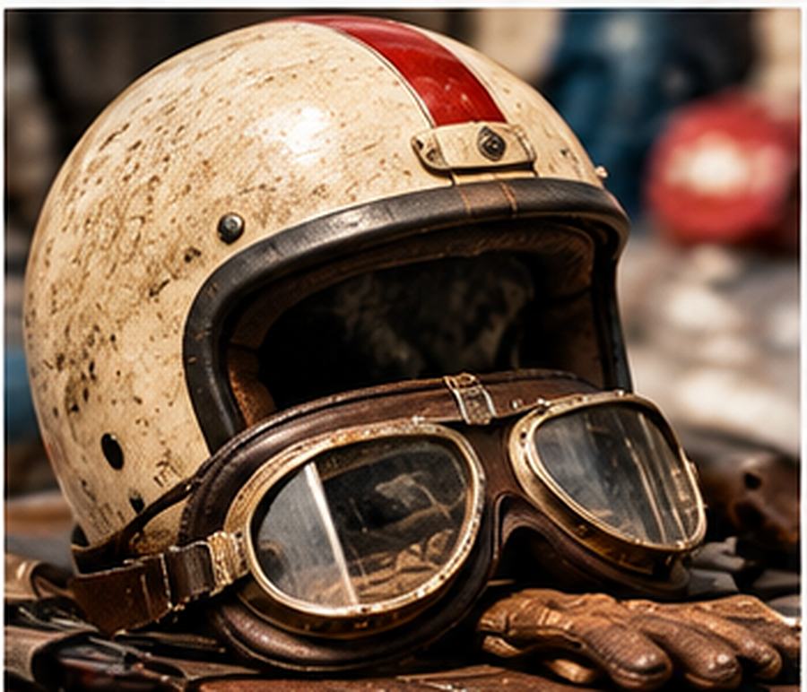 A vintage open-face racing helmet with goggles and leather gloves resting beside a classic car