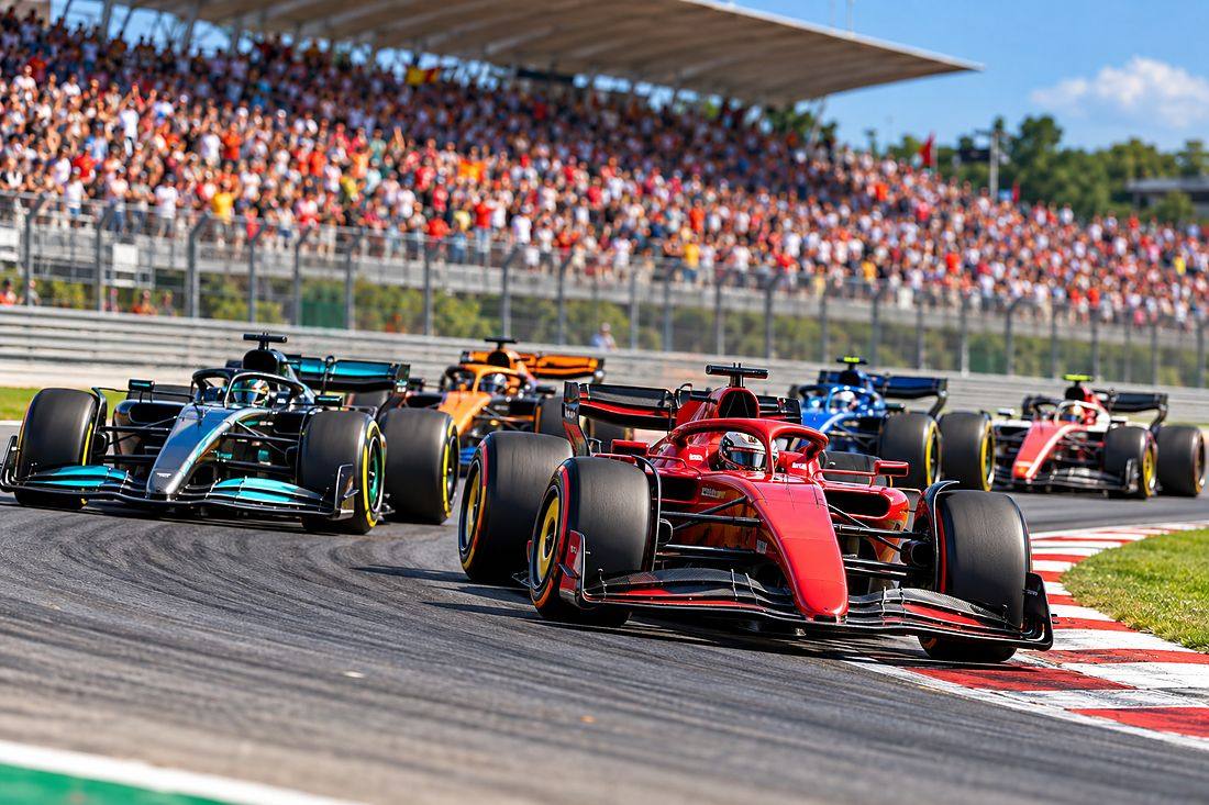 Formula 1 cars racing wheel to wheel through a corner in front of a packed grandstand