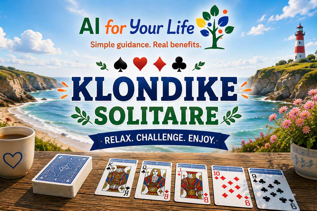Klondike Solitaire promotional artwork — the AI For Your Life logo above a coastal scene with a lighthouse, and a hand of playing cards laid out on a wooden table