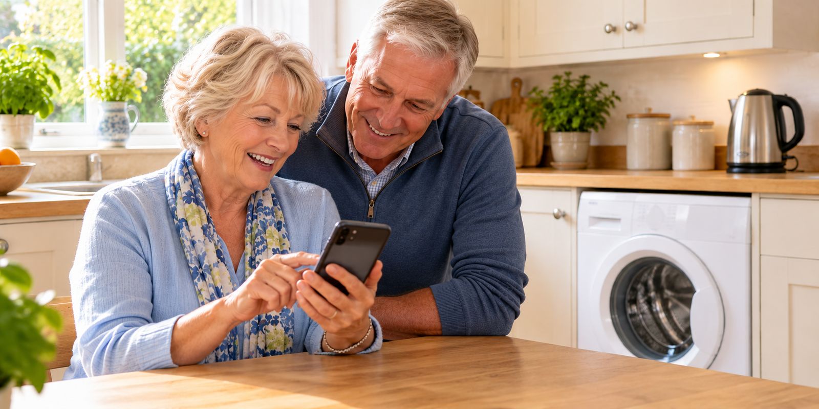 A smiling older couple at their kitchen table looking up appliance instructions on a phone, with a washing machine behind them