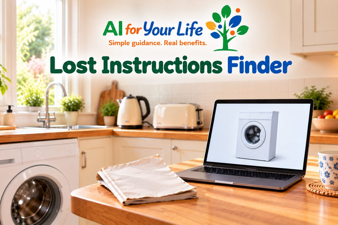 Lost Instructions Finder artwork with the AI For Your Life logo: a bright kitchen with a washing machine, kettle and toaster, and a laptop on the worktop showing a washing machine beside an old, crumpled instruction booklet