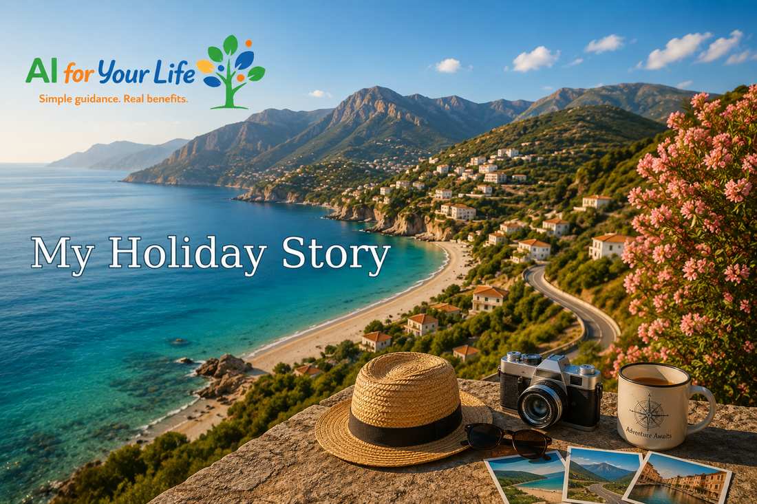 My Holiday Story artwork — a coastal hillside view over a bay and village, with a straw hat, camera, sunglasses, mug and holiday photographs laid out on a stone ledge, and the AI For Your Life logo