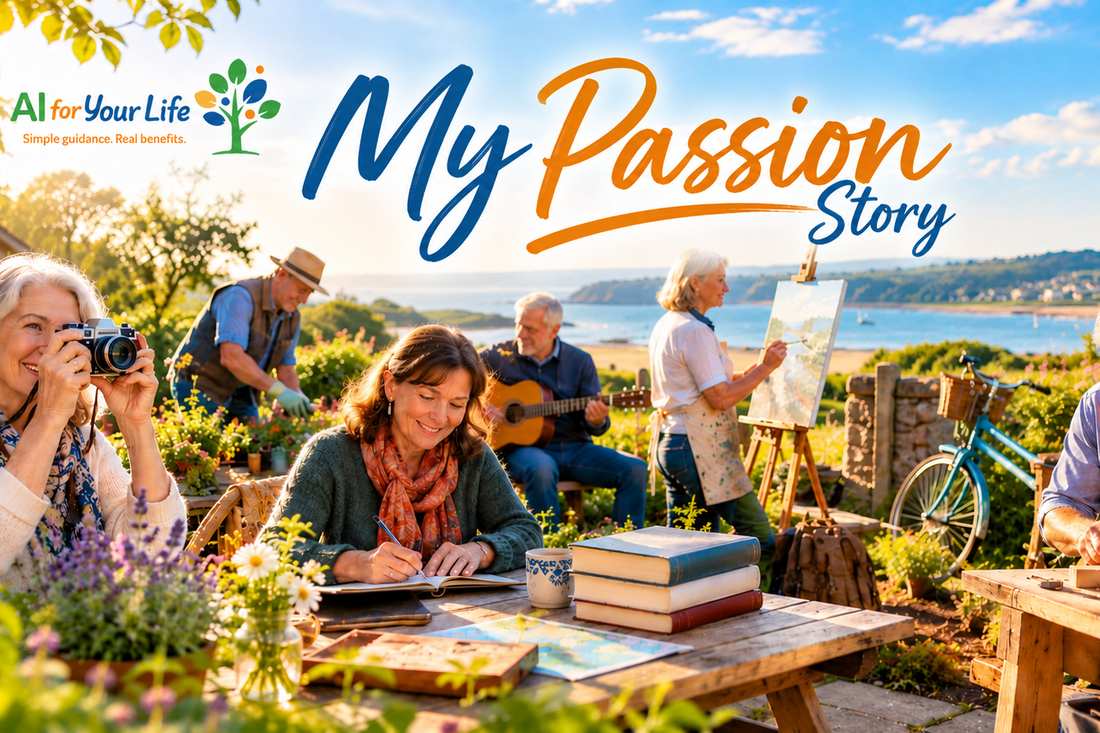 My Passion Story artwork — a group of people in a garden enjoying hobbies including photography, journaling, guitar, painting and woodwork, overlooking a coastal bay, with the AI For Your Life logo