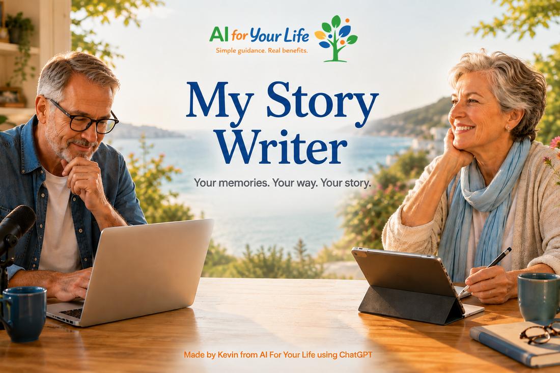 My Story Writer artwork — a man and woman sitting at a table with a laptop and tablet, writing and smiling, with the AI For Your Life logo and the line Your memories. Your way. Your story.