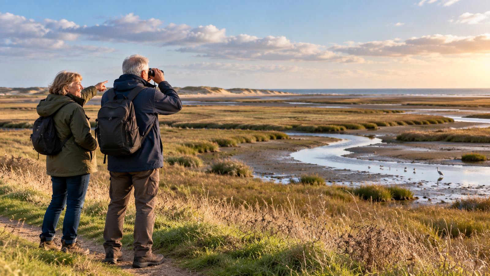 An older couple with binoculars and rucksacks on a grassy path above a North Norfolk saltmarsh, the woman pointing out birds on the creeks with sand dunes and the sea beyond