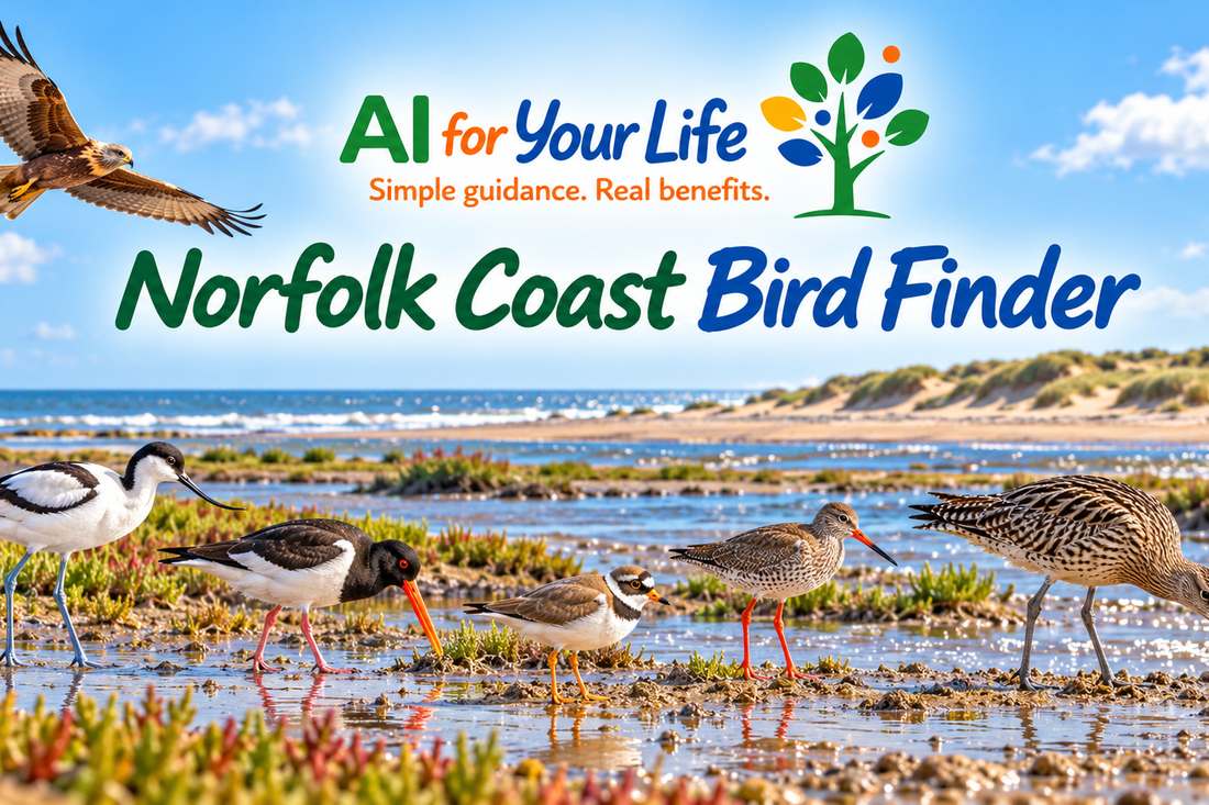 Norfolk Coast Bird Finder artwork with the AI For Your Life logo: an avocet, oystercatcher, ringed plover, redshank and curlew on a sunny North Norfolk saltmarsh, with a marsh harrier overhead and sand dunes behind