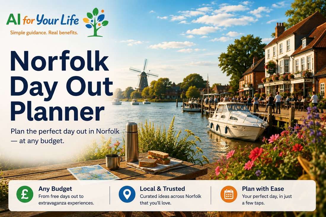 Norfolk Day Out Planner artwork — a picnic on a riverside table with a map, flask and sandwiches, alongside the strip: Any Budget, Local and Trusted, Plan with Ease