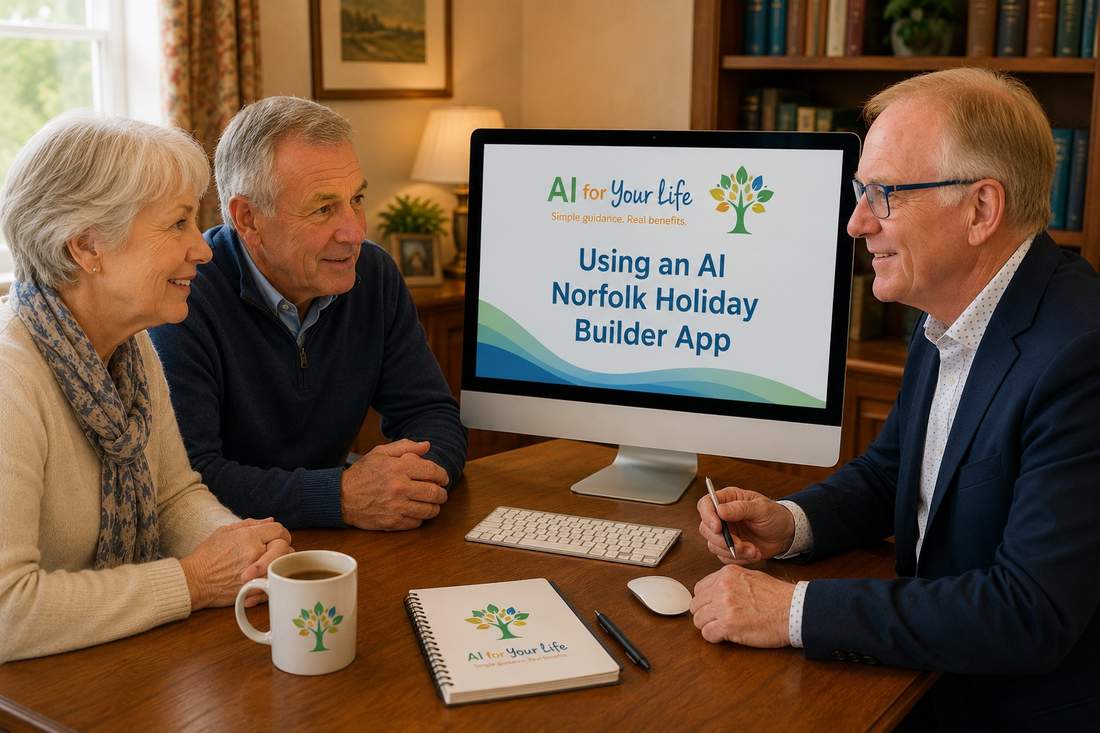 Kevin pointing to a screen reading 'Using an AI Norfolk Holiday Builder App' with a couple looking on