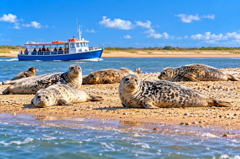 Grey seals resting on the sand at Blakeney Point, with a blue and white seal-trip boat on the water behind