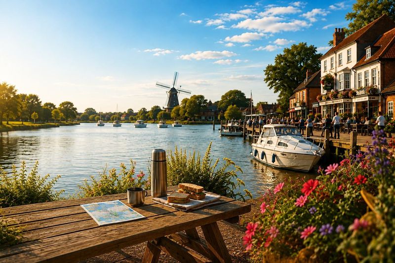 A sunny Norfolk Broads riverside with moored boats, a windmill in the distance and a waterside pub with flowers