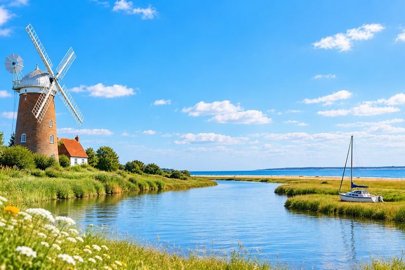 A brick drainage mill with white sails beside a Norfolk Broads creek, with wild flowers in front and a sailing boat moored nearby