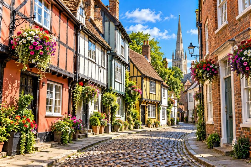 Cobbled Elm Hill in Norwich lined with colourful timber-framed houses and hanging baskets, with the cathedral spire beyond
