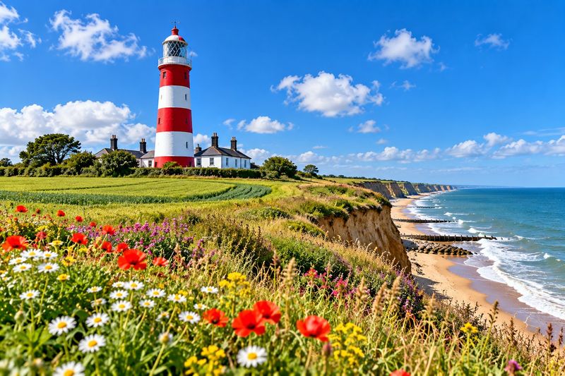 Happisburgh Lighthouse with red and white stripes on the Norfolk cliff top, poppies and daisies in front and the sea and sandy beach below