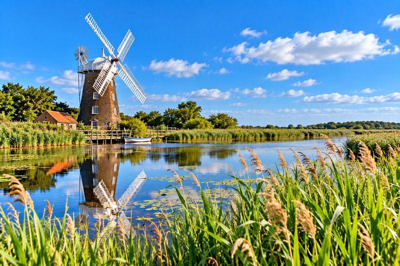 Horsey Windpump with white sails reflected in still water, with tall reeds in front under a blue sky