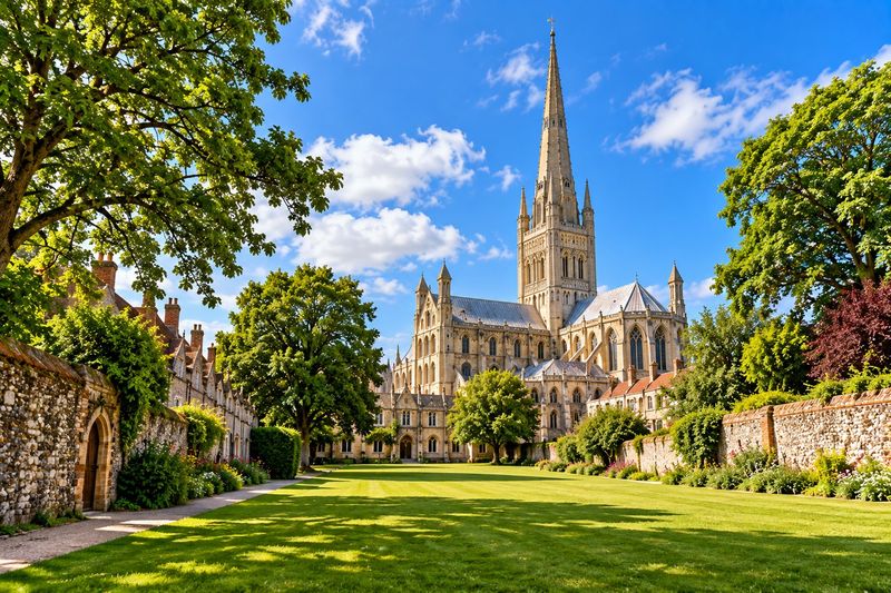 Norwich Cathedral and its tall spire seen across the green lawns of the Cathedral Close, framed by trees and old flint walls