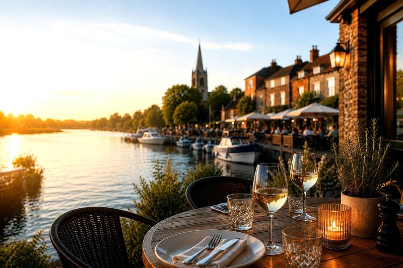 Evening light over a Norfolk Broads river, with moored boats, a church spire and a candlelit table on a waterside terrace