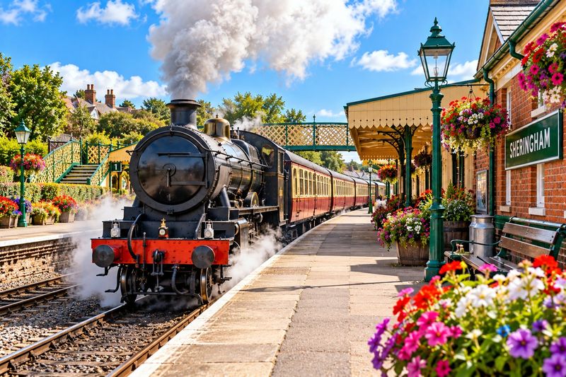 A black steam locomotive with red and cream carriages at Sheringham station, beside a platform full of flowers