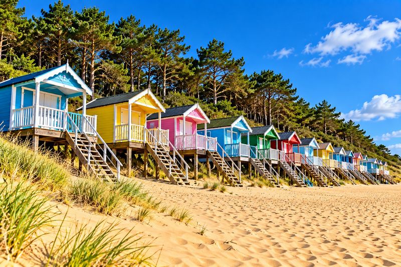 A row of brightly painted beach huts on stilts at Wells-next-the-Sea, with pine woods behind and golden sand in front