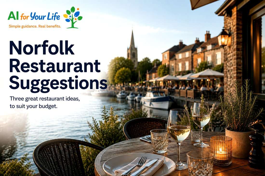 Norfolk Restaurant Finder app graphic — an outdoor riverside table set for dinner with wine glasses, overlooking a Norfolk quayside at sunset, with the app's title and a 'Three great restaurant ideas, to suit your budget' strapline