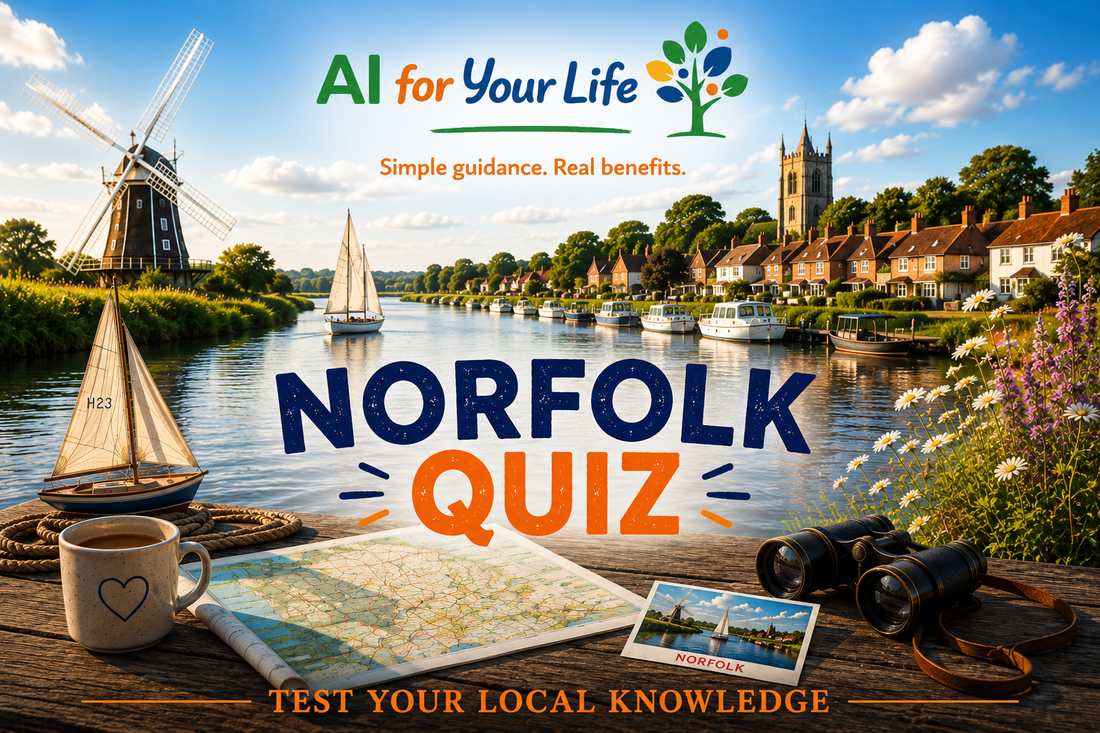 Norfolk Quiz artwork — a windmill and sailboat on a Norfolk river leading to a harbour and church tower, with a model boat, map, mug, postcard and binoculars on a table, the AI For Your Life logo, and a 