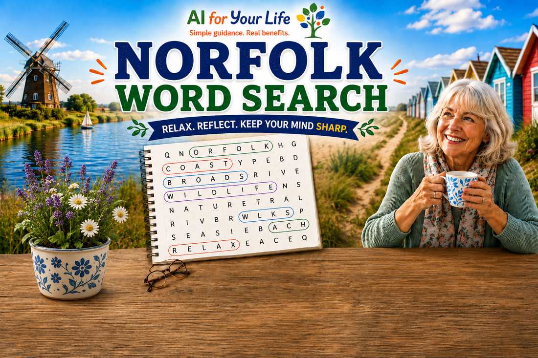 Norfolk Word Search artwork — a windmill and river scene with beach huts, a word search notepad with Norfolk-themed words, a pot of wildflowers, and a woman relaxing with a cup of tea