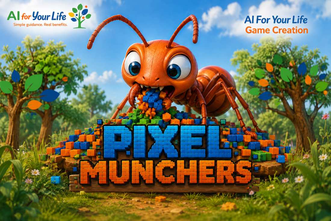 Pixel Munchers game artwork — a cartoon ant eating colourful stacked pixel blocks