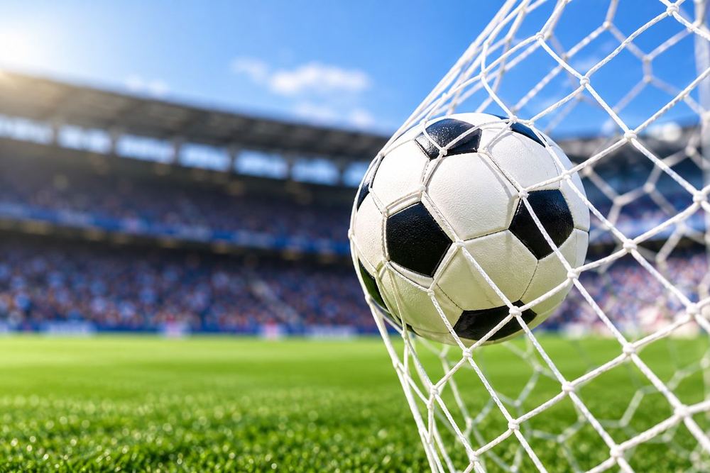 A football hitting the back of the goal net in a sunny, packed stadium