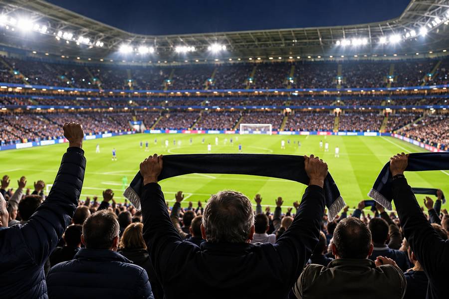 Football fans raising a scarf above their heads in a packed, floodlit stadium
