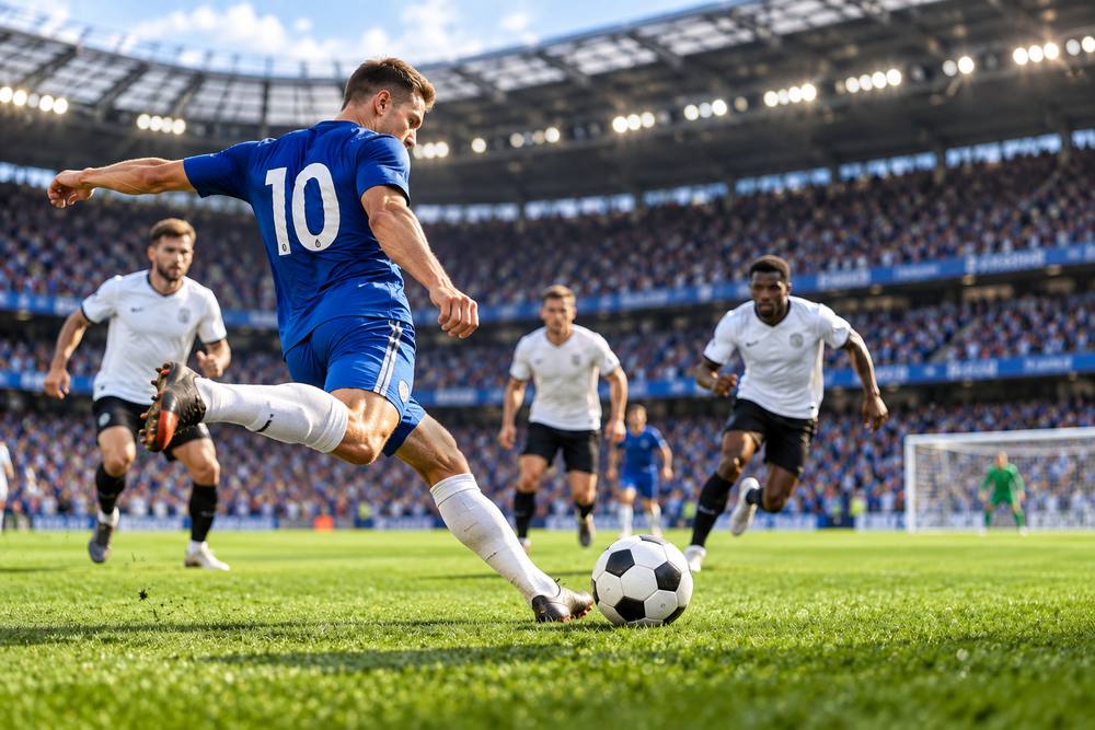 A footballer in a blue kit striking the ball towards goal in a packed stadium