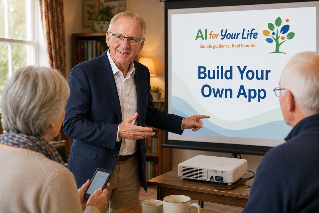 Kevin pointing to a presentation slide reading 'Build Your Own App' during an Advanced Workshop, with two attendees looking on