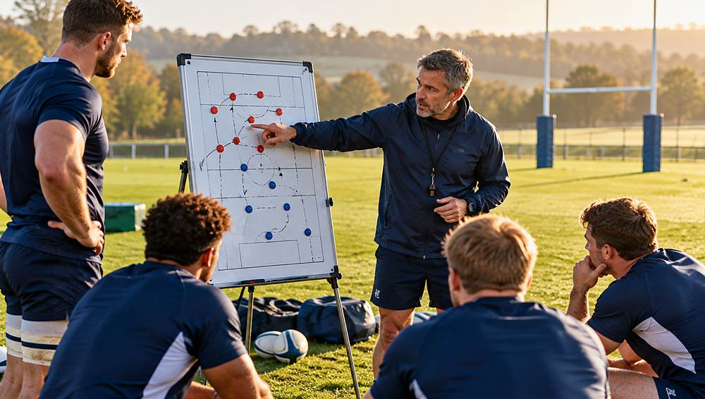A rugby coach pointing to a tactics board while players listen