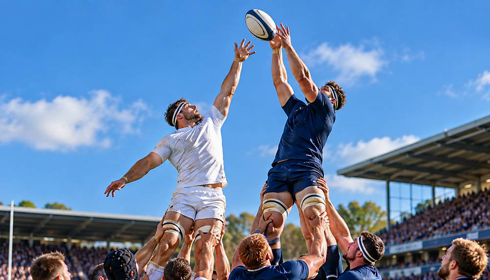 Two rugby players lifted high in a line-out reaching for the ball