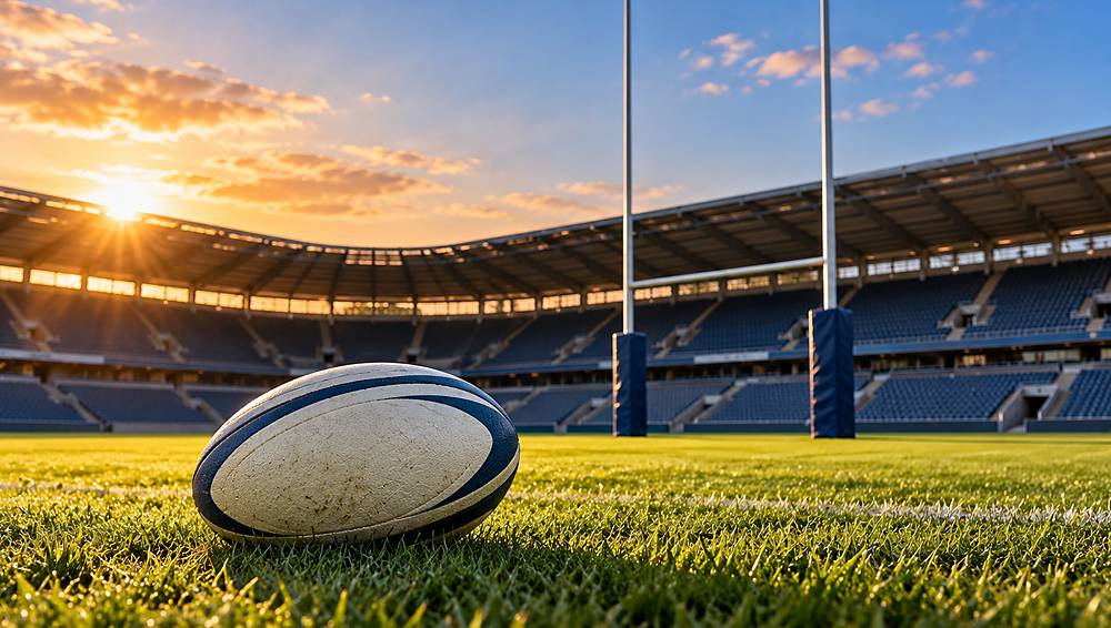 A rugby ball on the grass in front of tall white goalposts