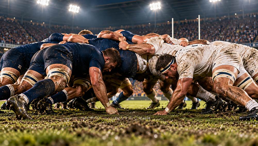 A rugby scrum seen from ground level, two packs locked together