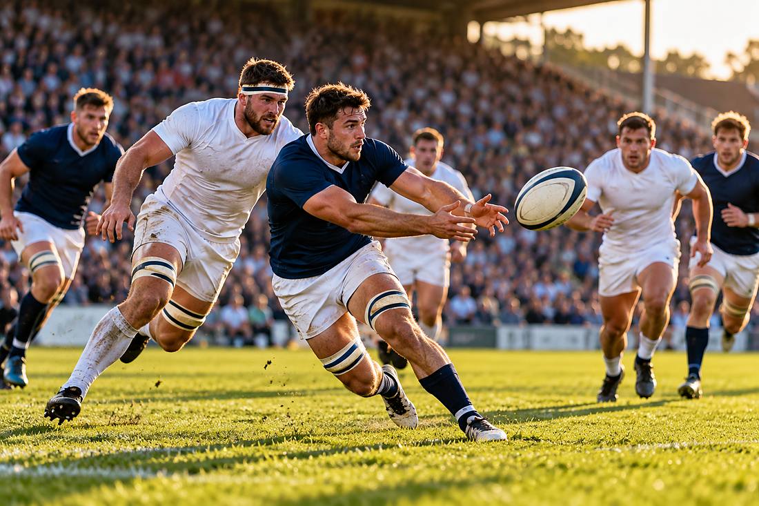 Rugby union players in navy and white competing for the ball in front of a packed grandstand