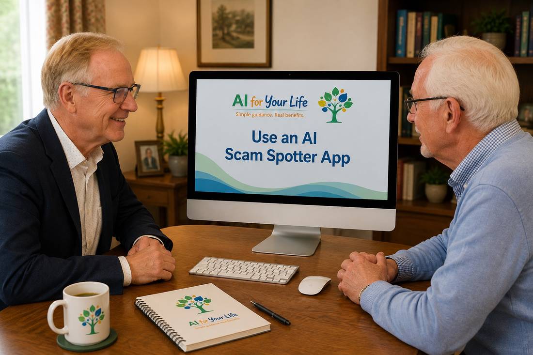 Kevin pointing to a screen reading 'Use an AI Scam Spotter App' during a one-to-one coaching session