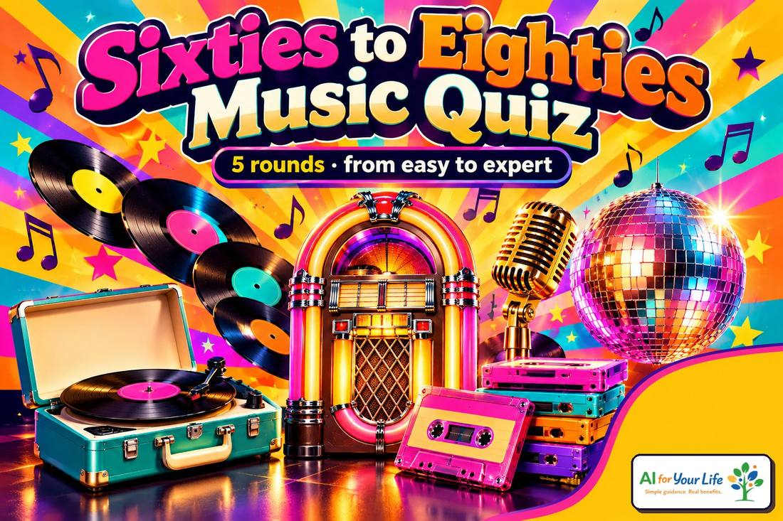 Sixties to Eighties Music Quiz artwork: a retro jukebox with vinyl records, a record player, a gold microphone, cassette tapes and a disco ball, with the AI For Your Life logo