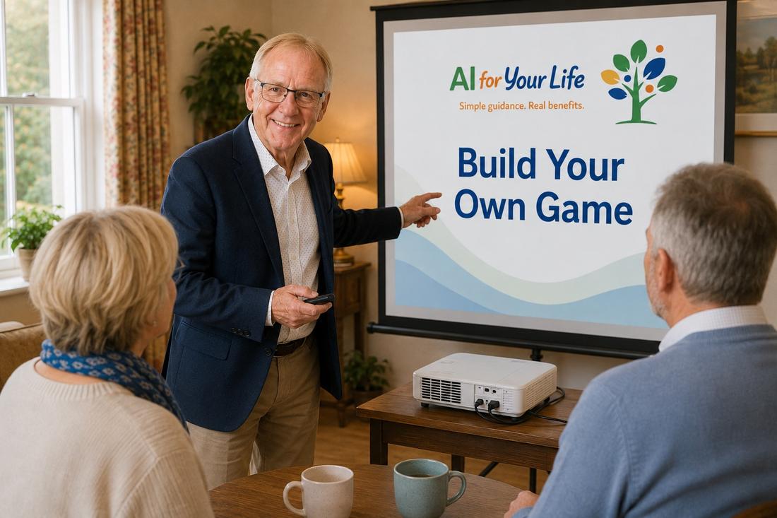 Kevin pointing to a presentation slide reading 'Build Your Own Game' during an Advanced Workshop, with two attendees looking on