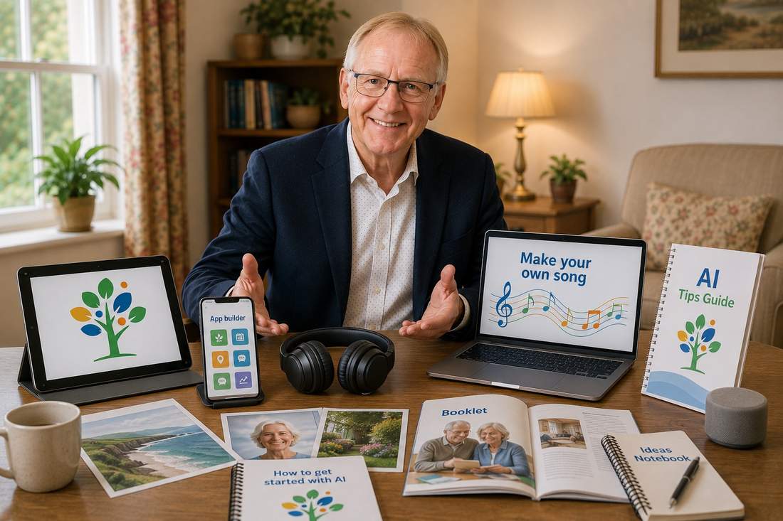 Kevin sitting at a table surrounded by things he's built with AI — an app on a tablet and phone, a song on a laptop, printed guides, photos and notebooks