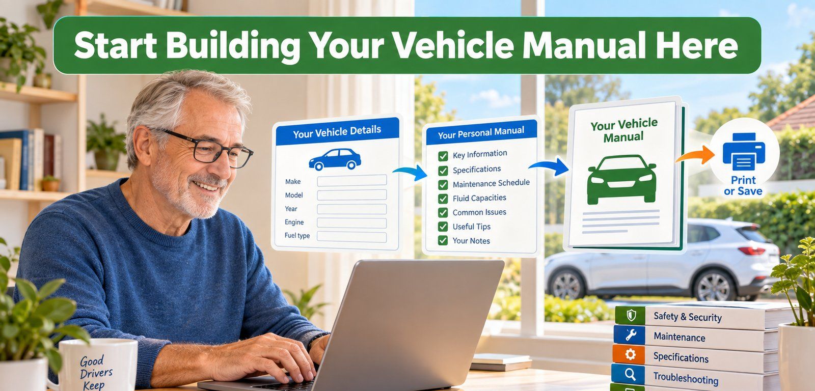 Illustration of a man building his own vehicle manual on a laptop: entering his vehicle's details, checking off sections, then printing or saving the finished manual