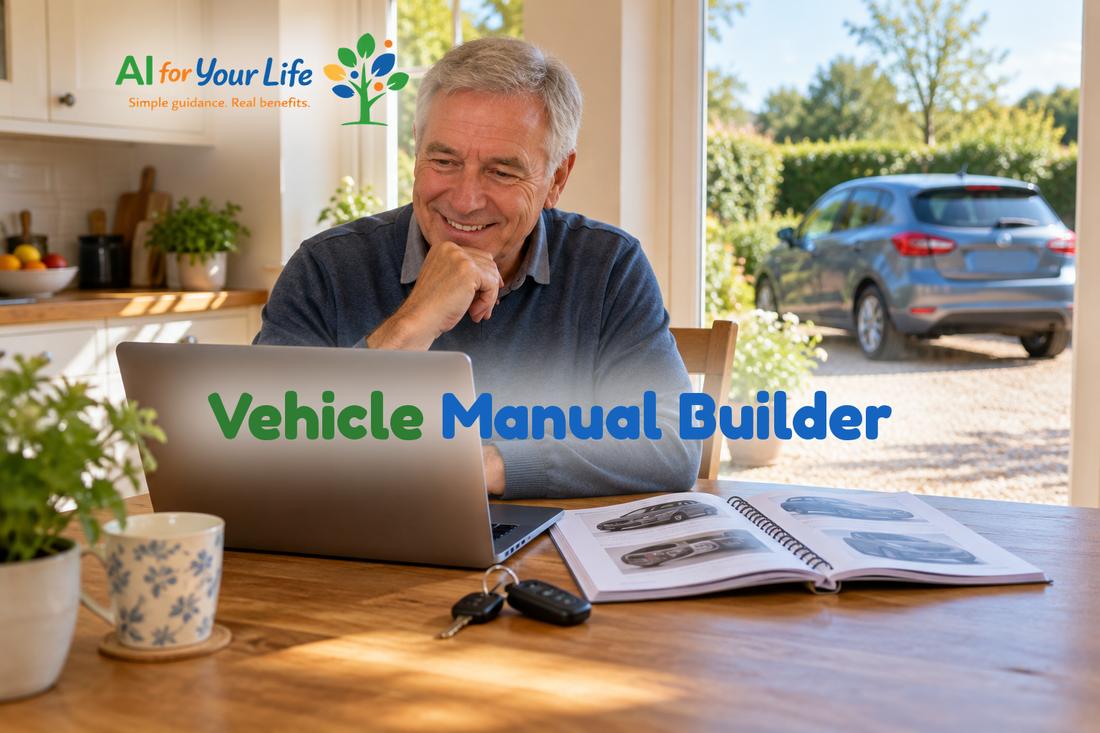 Vehicle Manual Builder artwork with the AI For Your Life logo: a smiling man in his sixties at his kitchen table with a laptop, an open ring-bound car manual and his car keys, with his car parked on the driveway outside