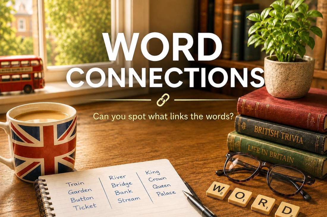 Word Connections artwork — a notepad with words grouped in columns (Train, Garden, Button, Ticket; River, Bridge, Bank, Stream; King, Crown, Queen, Palace) beside a Union Jack mug and wooden letter tiles spelling WORD