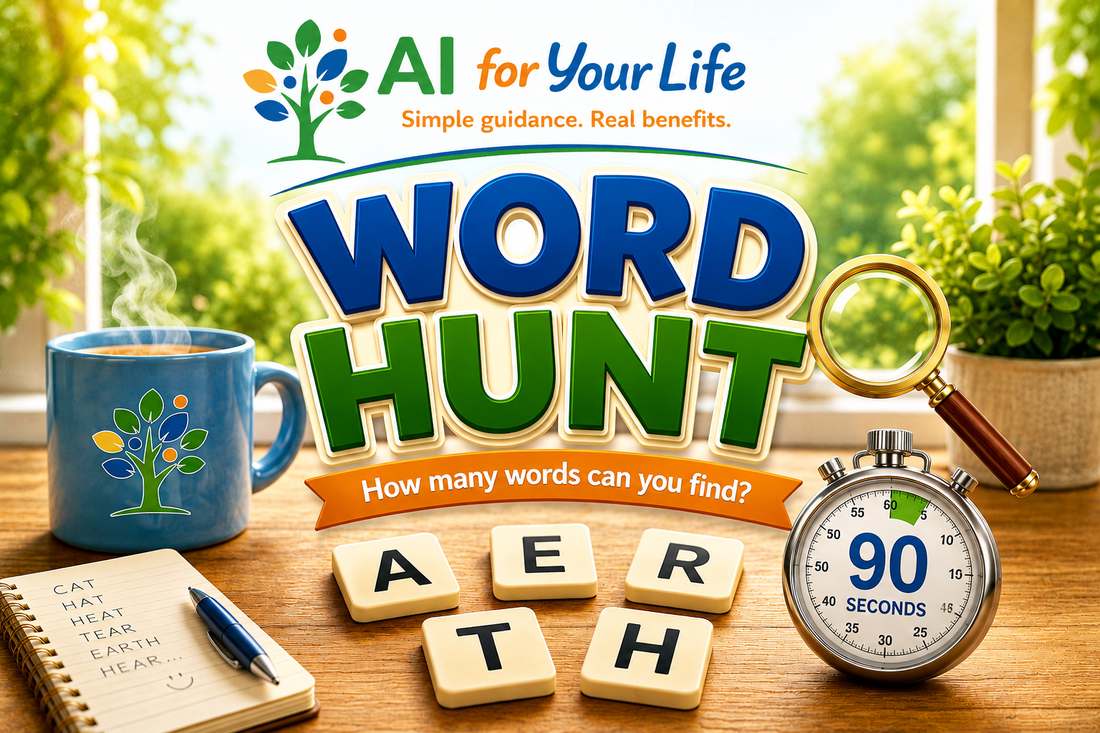 Word Hunt artwork — wooden letter tiles spelling AERTH beside a notepad listing found words, a magnifying glass and a stopwatch, with the AI For Your Life logo and the tagline How many words can you find?